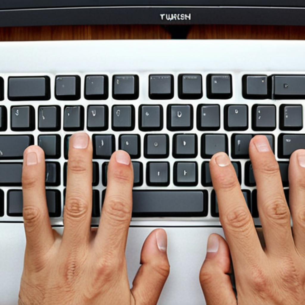 **A person's hands typing quickly on a Turkish Q-layout keyboard. The background is blurred, suggesting a busy office or home environment. The image should convey speed and efficiency in Turkish language typing.**