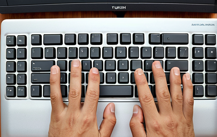 **A person's hands typing quickly on a Turkish Q-layout keyboard. The background is blurred, suggesting a busy office or home environment. The image should convey speed and efficiency in Turkish language typing.**