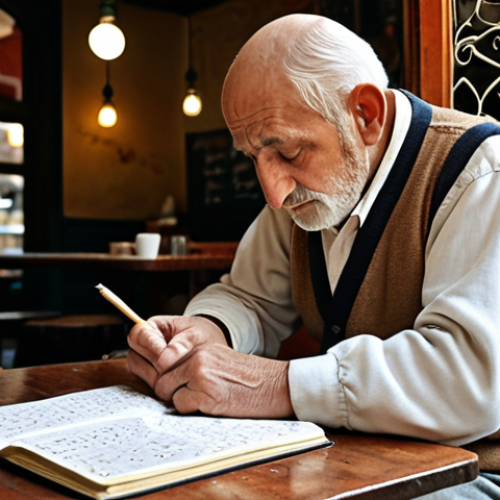 Home 4 **A serene shot of an elderly Georgian man meticulously writing a Georgian poem in a notebook at a cozy Tbilisi café. Focus on the detail of the script and the atmosphere of the café.**