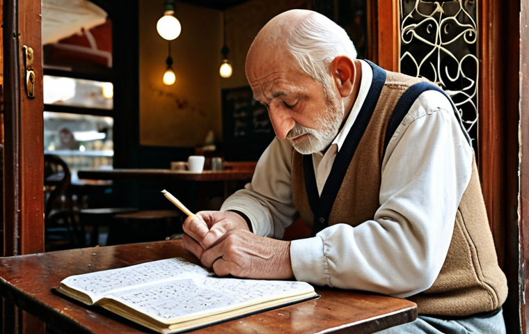 **A serene shot of an elderly Georgian man meticulously writing a Georgian poem in a notebook at a cozy Tbilisi café. Focus on the detail of the script and the atmosphere of the café.**
