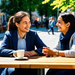 Two adults with distinct Turkic features, fully clothed in modest, contemporary attire, engaging in a friendly, comfortable conversation at a sunlit outdoor cafe. They are smiling genuinely, showcasing effortless cross-cultural communication. The background depicts a clean, vibrant European city square, with people casually passing by. The scene conveys warmth, understanding, and connection. Safe for work, appropriate content, fully clothed, family-friendly, perfect anatomy, correct proportions, natural pose, well-formed hands, proper finger count, natural body proportions, professional photography, high quality.