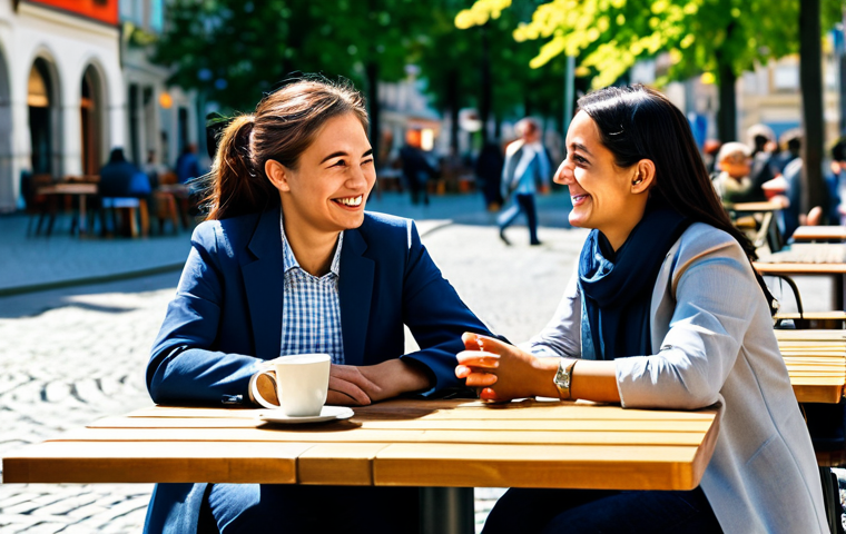 Two adults with distinct Turkic features, fully clothed in modest, contemporary attire, engaging in a friendly, comfortable conversation at a sunlit outdoor cafe. They are smiling genuinely, showcasing effortless cross-cultural communication. The background depicts a clean, vibrant European city square, with people casually passing by. The scene conveys warmth, understanding, and connection. Safe for work, appropriate content, fully clothed, family-friendly, perfect anatomy, correct proportions, natural pose, well-formed hands, proper finger count, natural body proportions, professional photography, high quality.