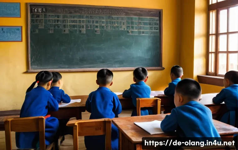 몽골어 키릴 문자 - A detailed historical scene set in 1940s Mongolia showing a classroom with Mongolian children learni...