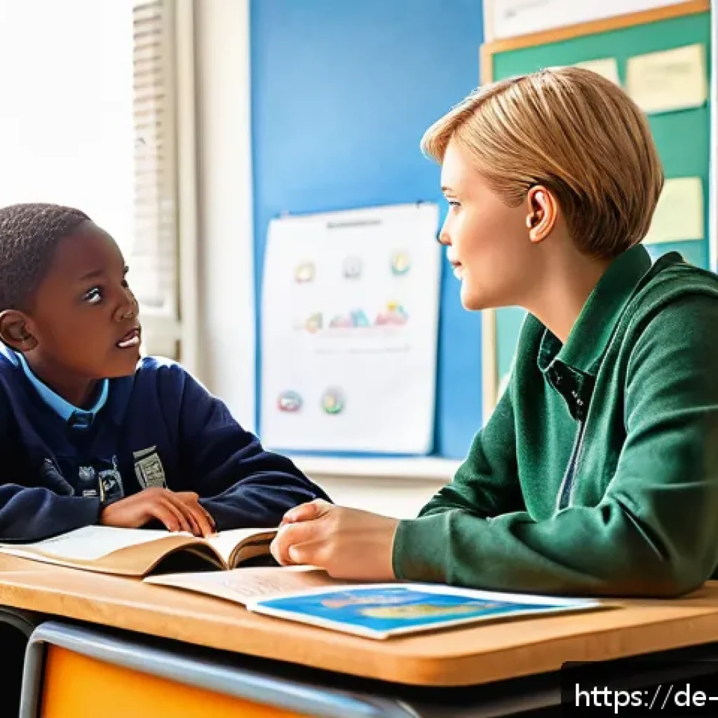 아프리칸스어 발음법 - A detailed classroom scene showing a German adult language learner attentively practicing Afrikaans ...