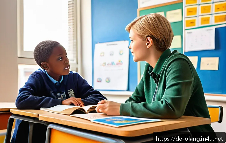 아프리칸스어 발음법 - A detailed classroom scene showing a German adult language learner attentively practicing Afrikaans ...
