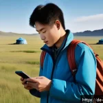 몽골어 한국어 사전 추천 - A modern language learner using a Mongolian-Korean dictionary app on a sleek smartphone while travel...