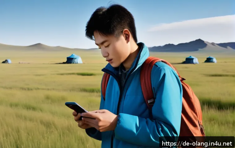 몽골어 한국어 사전 추천 - A modern language learner using a Mongolian-Korean dictionary app on a sleek smartphone while travel...